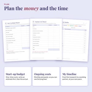 Start-up and ongoing budget planner pages and a month-by-month timeline