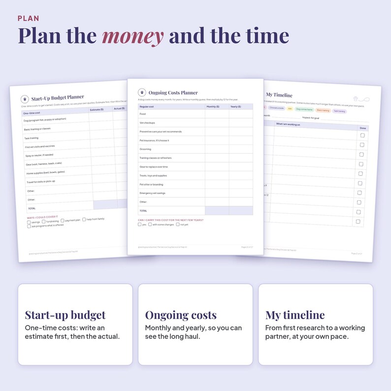 Start-up and ongoing budget planner pages and a month-by-month timeline