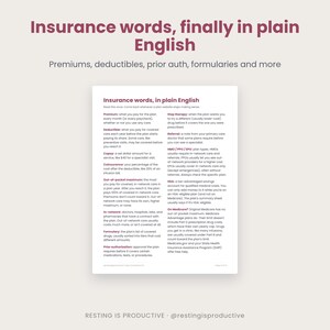 Insurance words in plain English glossary page covering premium, deductible, copay, coinsurance, out-of-pocket maximum, prior authorization and more