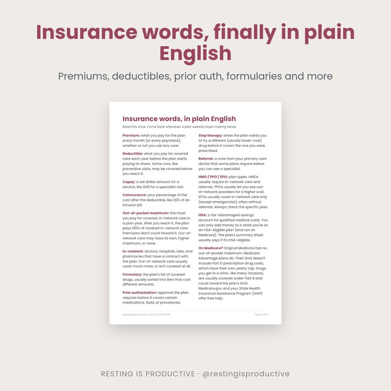 Insurance words in plain English glossary page covering premium, deductible, copay, coinsurance, out-of-pocket maximum, prior authorization and more