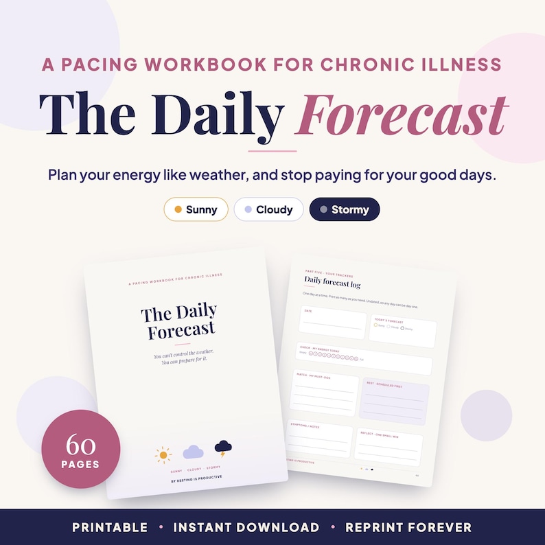 May include: A 60-page pacing workbook for chronic illness titled The Daily Forecast. The cover features weather icons for sunny, cloudy, and stormy days. The interior page shows a daily forecast log with sections for date, energy levels, and reflections.