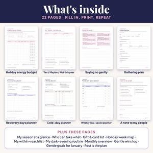 What's inside The Gentle Season: eight page previews (holiday energy budget, Yes/Maybe/Not sorter, saying-no scripts, gathering plan, recovery days planner, cold-day planner, weekly low-spoon planner, a note to my people) and a box labeled Plus these pages listing more pages in the 22-page printable.