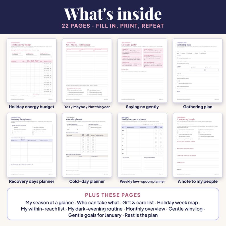 What's inside The Gentle Season: eight page previews (holiday energy budget, Yes/Maybe/Not sorter, saying-no scripts, gathering plan, recovery days planner, cold-day planner, weekly low-spoon planner, a note to my people) and a box labeled Plus these pages listing more pages in the 22-page printable.