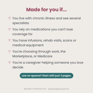 Made for you if slide: you live with chronic illness, rely on medications, have infusions or equipment, choose through work, the Marketplace or Medicare, or are a caregiver