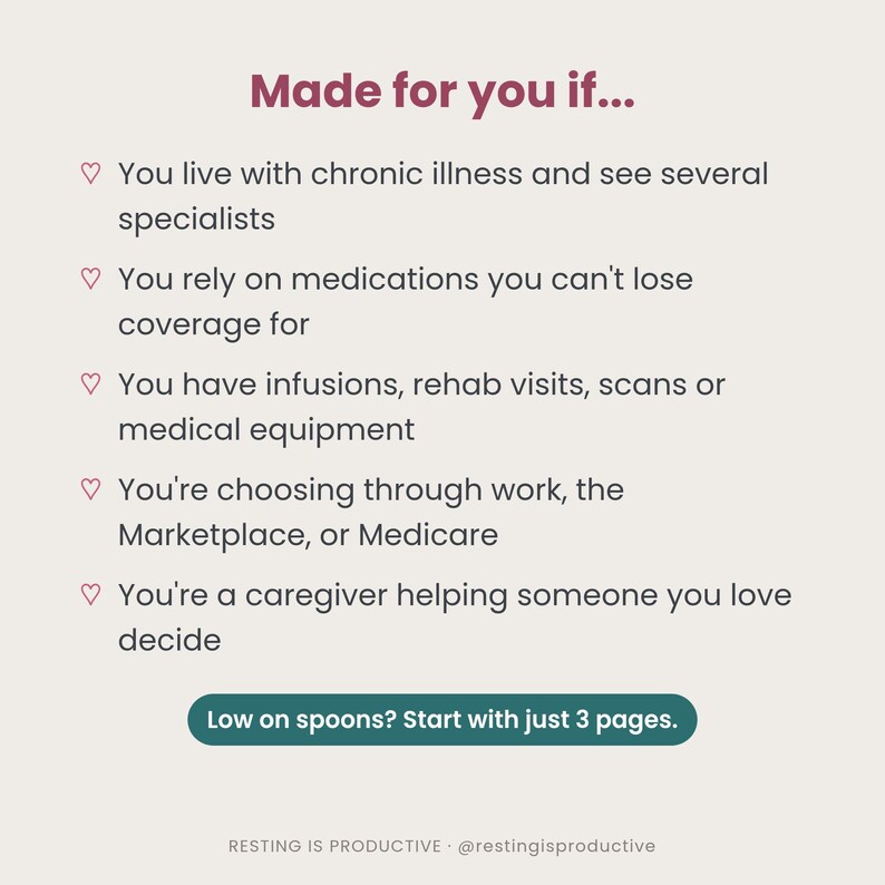 Made for you if slide: you live with chronic illness, rely on medications, have infusions or equipment, choose through work, the Marketplace or Medicare, or are a caregiver