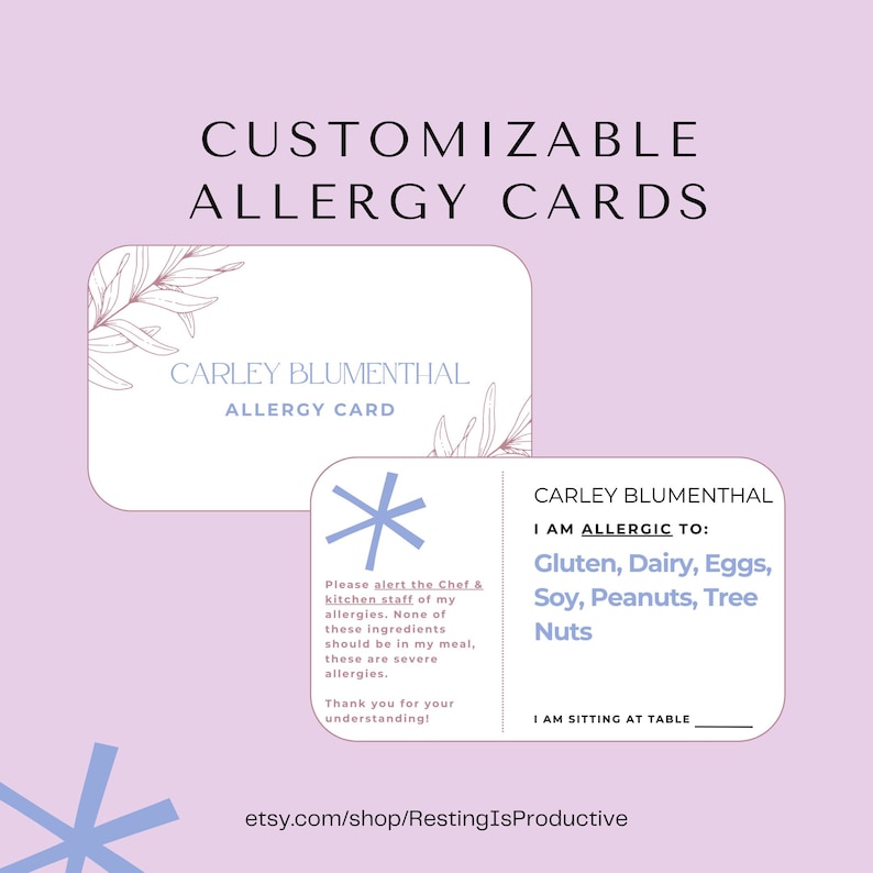 Listing photo for customizable allergy alert cards.  Includes, name, allergen, restaurant instructions, table number.