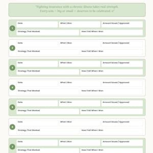 K&ouml;nnte beinhalten: Ein hellgr&uuml;ner und wei&szlig;er Planer mit dem Titel "MY INSURANCE WINS!" mit Abschnitten zur Aufzeichnung von Versicherungsgewinnen. Enth&auml;lt Eingabeaufforderungen f&uuml;r Datum, was gewonnen wurde, eingesparter Betrag und wie es sich anf&uuml;hlte. Der Text "You are your own best advocate. Keep fighting. Keep winning." steht unten.