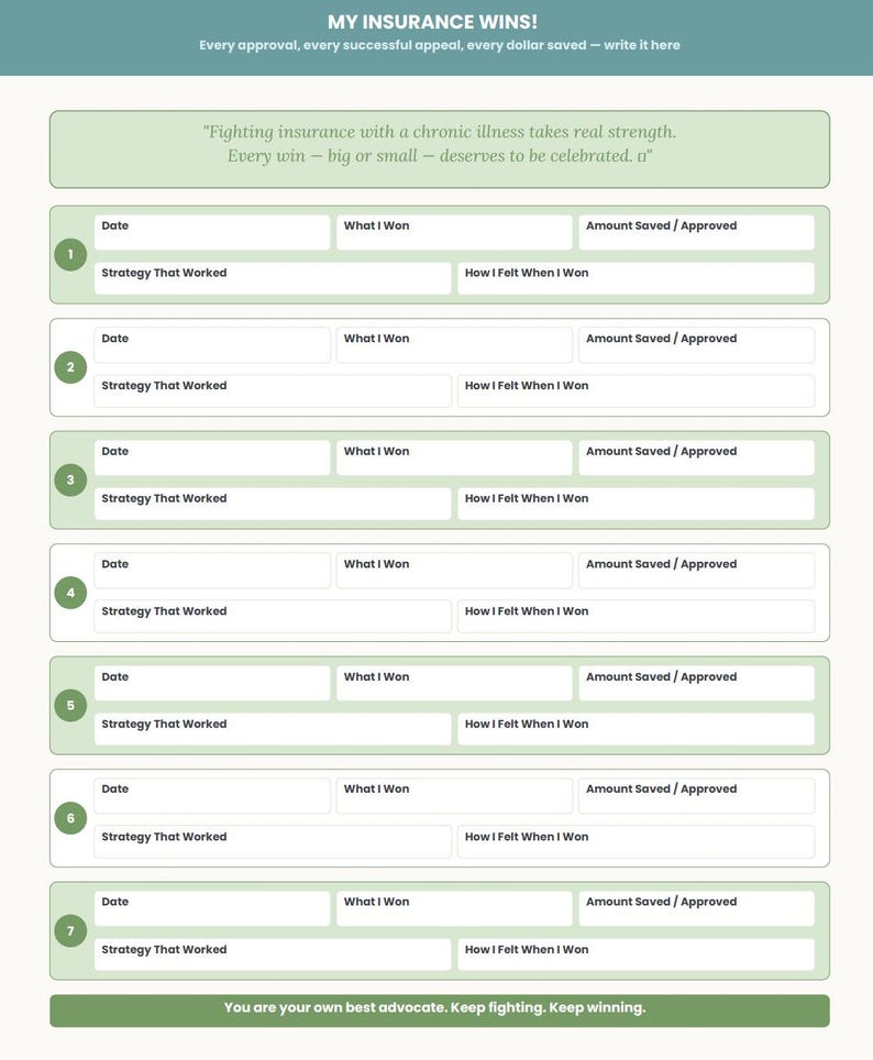 K&ouml;nnte beinhalten: Ein hellgr&uuml;ner und wei&szlig;er Planer mit dem Titel "MY INSURANCE WINS!" mit Abschnitten zur Aufzeichnung von Versicherungsgewinnen. Enth&auml;lt Eingabeaufforderungen f&uuml;r Datum, was gewonnen wurde, eingesparter Betrag und wie es sich anf&uuml;hlte. Der Text "You are your own best advocate. Keep fighting. Keep winning." steht unten.