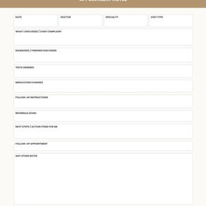 May include: A white appointment notes planner page with a tan header featuring the text APPOINTMENT NOTES. It includes labelled fields for date, doctor, specialty, visit type, chief complaint, diagnoses, tests, medications, and follow-up instructions.
