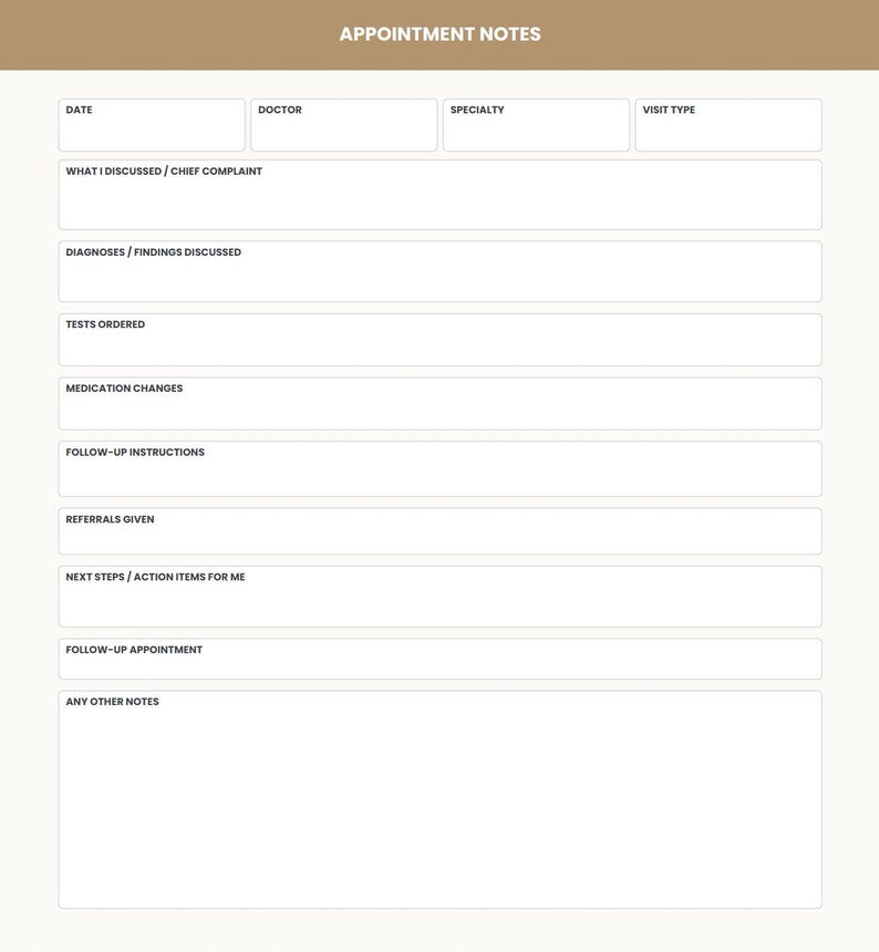 May include: A white appointment notes planner page with a tan header featuring the text APPOINTMENT NOTES. It includes labelled fields for date, doctor, specialty, visit type, chief complaint, diagnoses, tests, medications, and follow-up instructions.