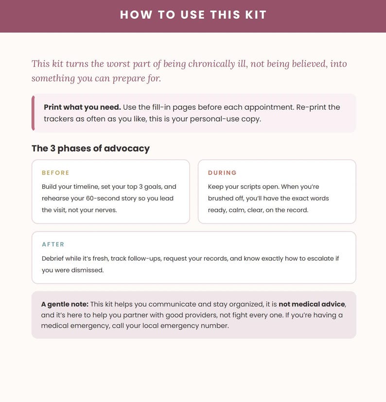 May include: An informational document titled HOW TO USE THIS KIT with a maroon header. It outlines three phases of advocacy: BEFORE, DURING, and AFTER, providing instructions for managing medical appointments and communication for chronic illness.