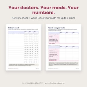 Network check page and worst-case year math page shown side by side, each with columns for comparing up to three health plans