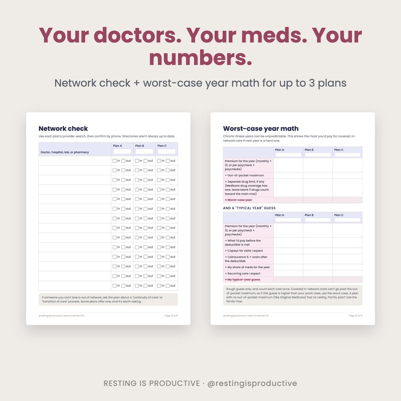 Network check page and worst-case year math page shown side by side, each with columns for comparing up to three health plans