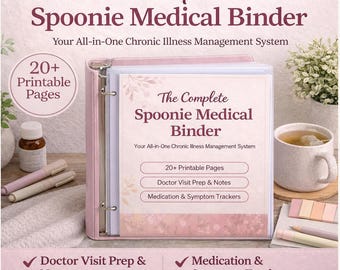 May include: A light pink three-ring binder titled The Complete Spoonie Medical Binder, Your All-in-One Chronic Illness Management System. The cover features text for 20+ Printable Pages, Doctor Visit Prep & Notes, and Medication & Symptom Trackers.