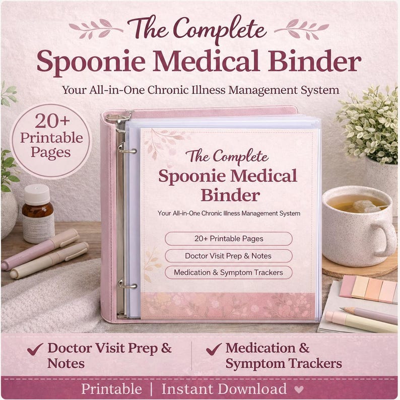 May include: A light pink three-ring binder titled The Complete Spoonie Medical Binder, Your All-in-One Chronic Illness Management System. The cover features text for 20+ Printable Pages, Doctor Visit Prep & Notes, and Medication & Symptom Trackers.