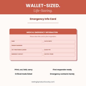 May include: A rectangular medical emergency information card with a terracotta and light pink color scheme. The card features fields for name, date of birth, primary diagnoses, life-threatening allergies, blood type, emergency contact, and doctor.