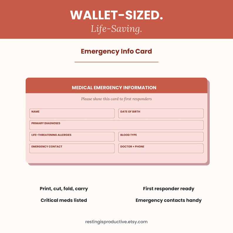 May include: A rectangular medical emergency information card with a terracotta and light pink color scheme. The card features fields for name, date of birth, primary diagnoses, life-threatening allergies, blood type, emergency contact, and doctor.