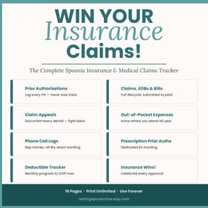 K&ouml;nnte beinhalten: Ein druckbarer Versicherungsanspruchs-Tracker in T&uuml;rkis und Wei&szlig; mit dem Text "WIN YOUR Insurance Claims!" und "The Complete Spoonie Insurance & Medical Claims Tracker". Enth&auml;lt Abschnitte zur Verfolgung von Anspr&uuml;chen, Ausgaben und Genehmigungen.