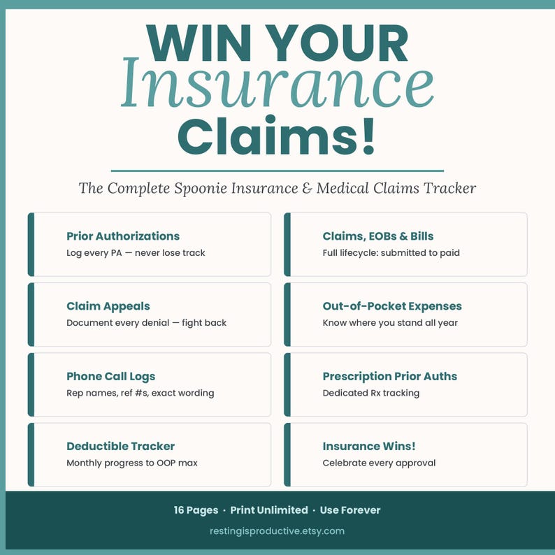K&ouml;nnte beinhalten: Ein druckbarer Versicherungsanspruchs-Tracker in T&uuml;rkis und Wei&szlig; mit dem Text "WIN YOUR Insurance Claims!" und "The Complete Spoonie Insurance & Medical Claims Tracker". Enth&auml;lt Abschnitte zur Verfolgung von Anspr&uuml;chen, Ausgaben und Genehmigungen.