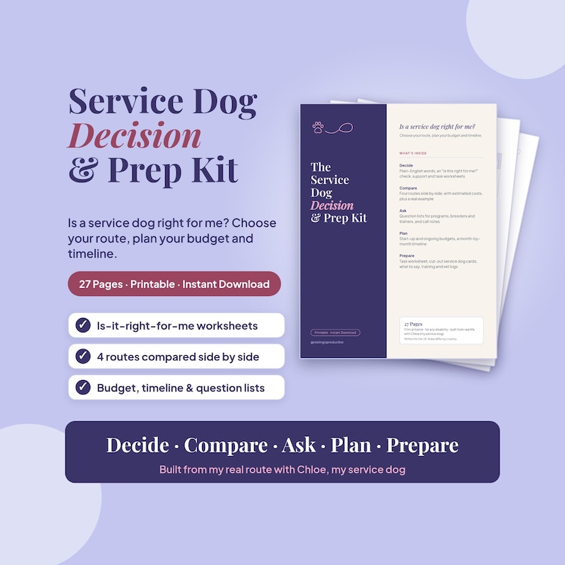 Service Dog Decision & Prep Kit main photo: the plum and cream cover with two pages fanned behind it on a periwinkle ground, with 27 Pages, Printable, Instant Download