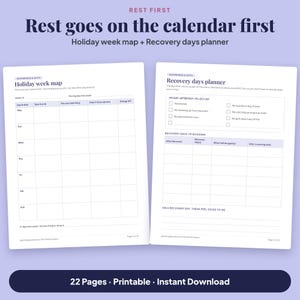 Rest goes on the calendar first: previews of the Holiday week map, a Monday to Sunday grid with a Rest first column, and the Recovery days planner with a day-after not-to-do checklist and a booking table.