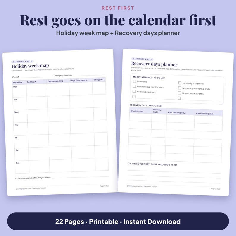 Rest goes on the calendar first: previews of the Holiday week map, a Monday to Sunday grid with a Rest first column, and the Recovery days planner with a day-after not-to-do checklist and a booking table.