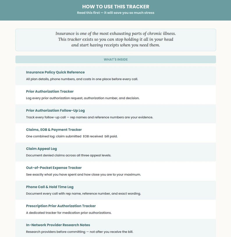 K&ouml;nnte beinhalten: Ein teal-wei&szlig;es Dokument mit dem Titel &bdquo;HOW TO USE THIS TRACKER&ldquo; mit einer Liste von Abschnitten, darunter &bdquo;Insurance Policy Quick Reference&ldquo;, &bdquo;Prior Authorization Tracker&ldquo; und &bdquo;Claims, EOB & Payment Tracker&ldquo;. Das Dokument soll helfen, chronische Krankheiten zu bew&auml;ltigen.