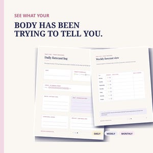 May include: A digital planner page titled Daily forecast log and Weekly forecast view with a cream background and dark text. The text reads: SEE WHAT YOUR BODY HAS BEEN TRYING TO TELL YOU. RESTING IS PRODUCTIVE. Includes daily and weekly tracking fields.