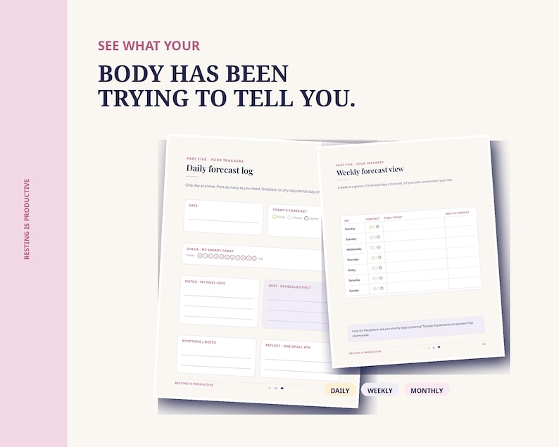 May include: A digital planner page titled Daily forecast log and Weekly forecast view with a cream background and dark text. The text reads: SEE WHAT YOUR BODY HAS BEEN TRYING TO TELL YOU. RESTING IS PRODUCTIVE. Includes daily and weekly tracking fields.