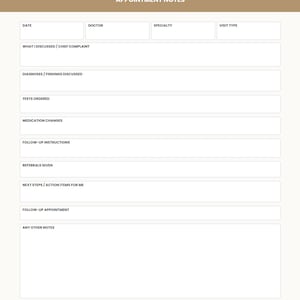 May include: A white appointment notes planner page with a tan header featuring the text APPOINTMENT NOTES. It includes labeled fields for date, doctor, specialty, visit type, chief complaint, diagnoses, tests, medications, and follow-up instructions.