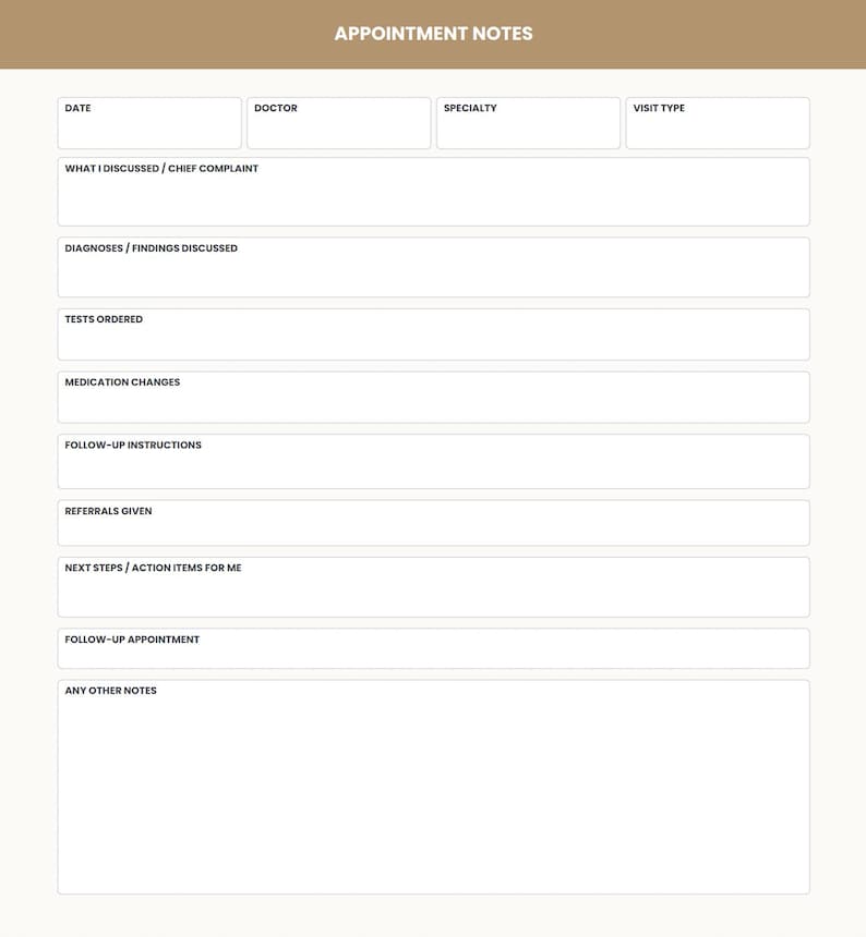 May include: A white appointment notes planner page with a tan header featuring the text APPOINTMENT NOTES. It includes labeled fields for date, doctor, specialty, visit type, chief complaint, diagnoses, tests, medications, and follow-up instructions.