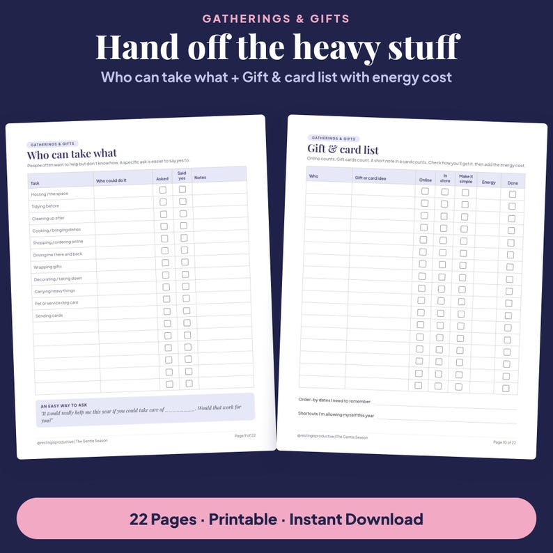 Hand off the heavy stuff: previews of the Who can take what delegate table (hosting, cooking, driving, wrapping gifts) and the Gift & card list with online, in store, or keep-it-simple boxes and an energy cost column.