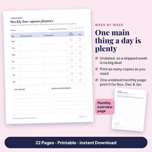 One main thing a day is plenty: previews of the undated Weekly low-spoon planner with Must do, If I have spoons, Rest booked and Done columns, and the undated Monthly overview. Text: one undated monthly page, print it for Nov, Dec & Jan.