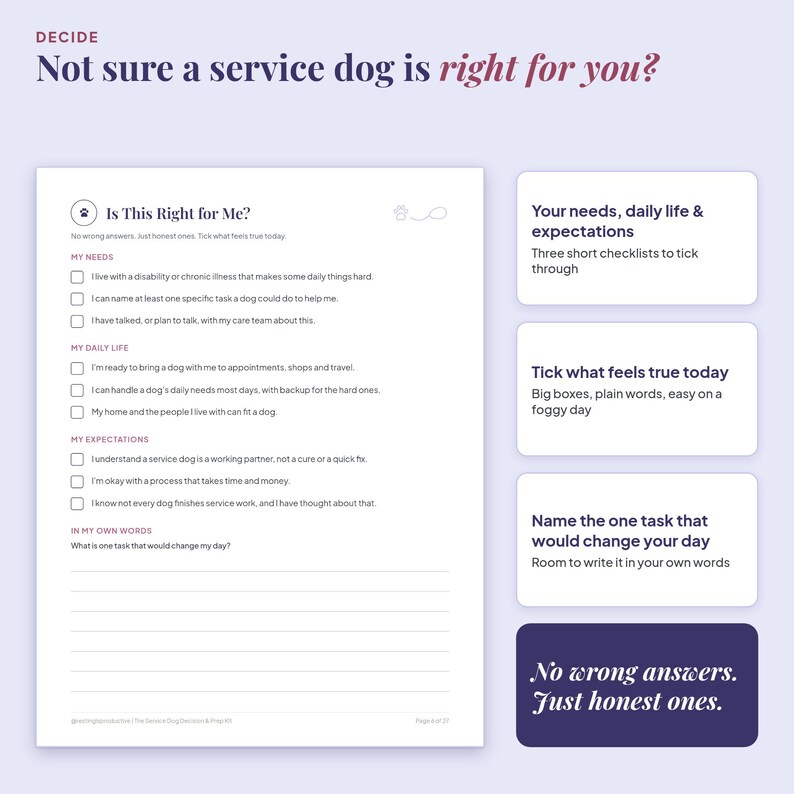 Is This Right for Me? tick-box worksheet page from the service dog kit