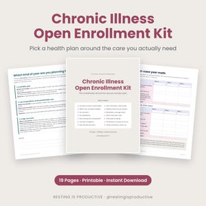 Chronic Illness Open Enrollment Kit cover with fanned printable worksheet pages and a badge reading 19 Pages, Printable, Instant Download