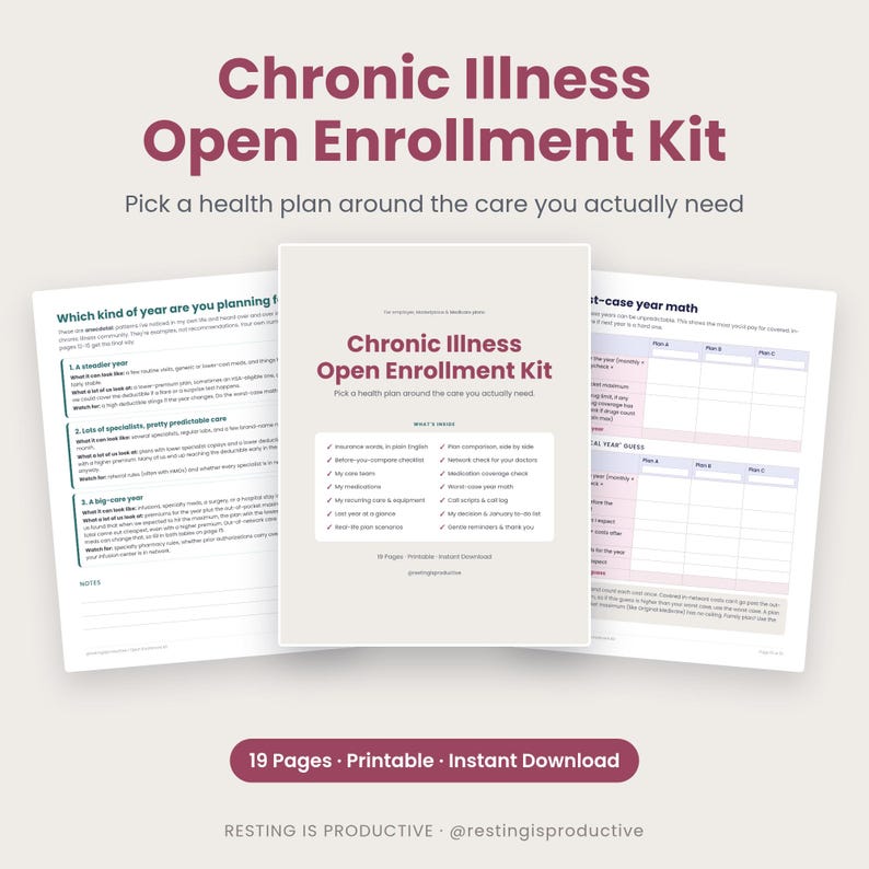 Chronic Illness Open Enrollment Kit cover with fanned printable worksheet pages and a badge reading 19 Pages, Printable, Instant Download