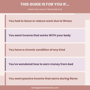 May include: A guide with text on a light pink background. The text reads: "THIS GUIDE IS FOR YOU IF..." followed by a list of statements about work and income, including "You had to leave or reduce work due to illness."