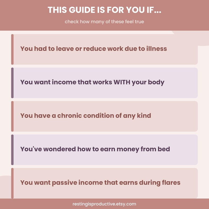 May include: A guide with text on a light pink background. The text reads: "THIS GUIDE IS FOR YOU IF..." followed by a list of statements about work and income, including "You had to leave or reduce work due to illness."