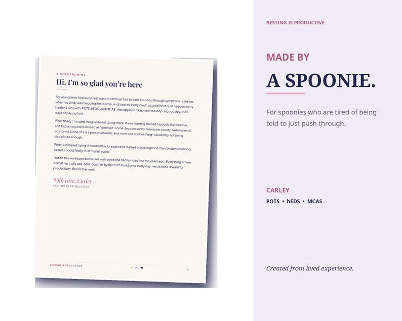 May include: A workbook page titled A Note From Me with text starting Hi, I'm so glad you're here, alongside a sidebar featuring the text RESTING IS PRODUCTIVE, MADE BY A SPOONIE, and a list of conditions including POTS, hEDS, and MCAS.