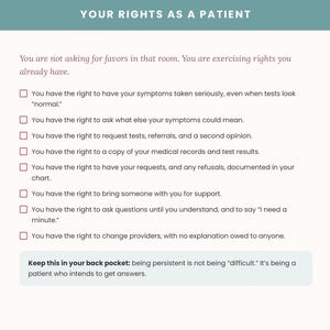 May include: A white informational card titled YOUR RIGHTS AS A PATIENT with a teal header. It lists eight patient rights in dark text with pink checkboxes, including the right to second opinions and medical records, ending with a note on persistence.