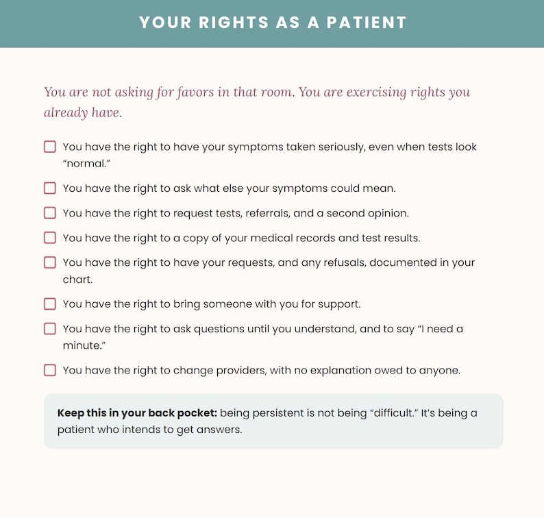 May include: A white informational card titled YOUR RIGHTS AS A PATIENT with a teal header. It lists eight patient rights in dark text with pink checkboxes, including the right to second opinions and medical records, ending with a note on persistence.