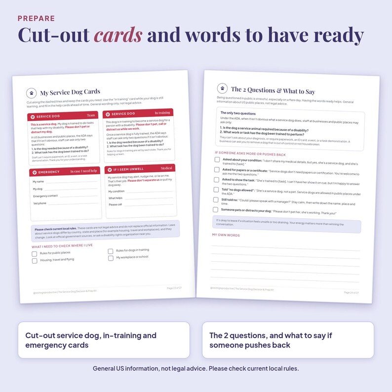 Four cut-out service dog cards: service dog, in training, emergency and if I seem unwell