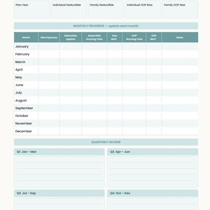 K&ouml;nnte beinhalten: Ein druckbarer, teal-farbener und wei&szlig;er Tracker f&uuml;r Selbstbehalte und H&ouml;chstbetr&auml;ge. Der Tracker enth&auml;lt Abschnitte f&uuml;r monatliche und viertelj&auml;hrliche Fortschritte mit Feldern f&uuml;r Ausgaben, Selbstbehalt und H&ouml;chstbetr&auml;ge. Der Text oben lautet: "Visualisieren Sie Ihren Fortschritt - wissen Sie, wann Ihre Kosten sinken."