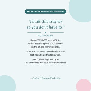 K&ouml;nnte beinhalten: Eine teal- und wei&szlig;farbene Grafik mit dem Text &bdquo;Ich habe diesen Tracker gebaut, damit Sie es nicht tun m&uuml;ssen&ldquo;. Der Text enth&auml;lt auch &bdquo;Hallo, ich bin Carley&ldquo; und eine Beschreibung des Zwecks des Trackers. Der Text ist vor einem hellblauen Hintergrund.