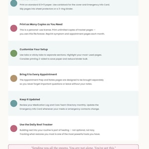 May include: A digital instruction guide featuring six sections with colored circular icons. Text includes Print & Protect, Print as Many Copies as You Need, Customize Your Setup, Bring It to Every Appointment, Keep It Updated, and Use the Daily Rest Tracker.