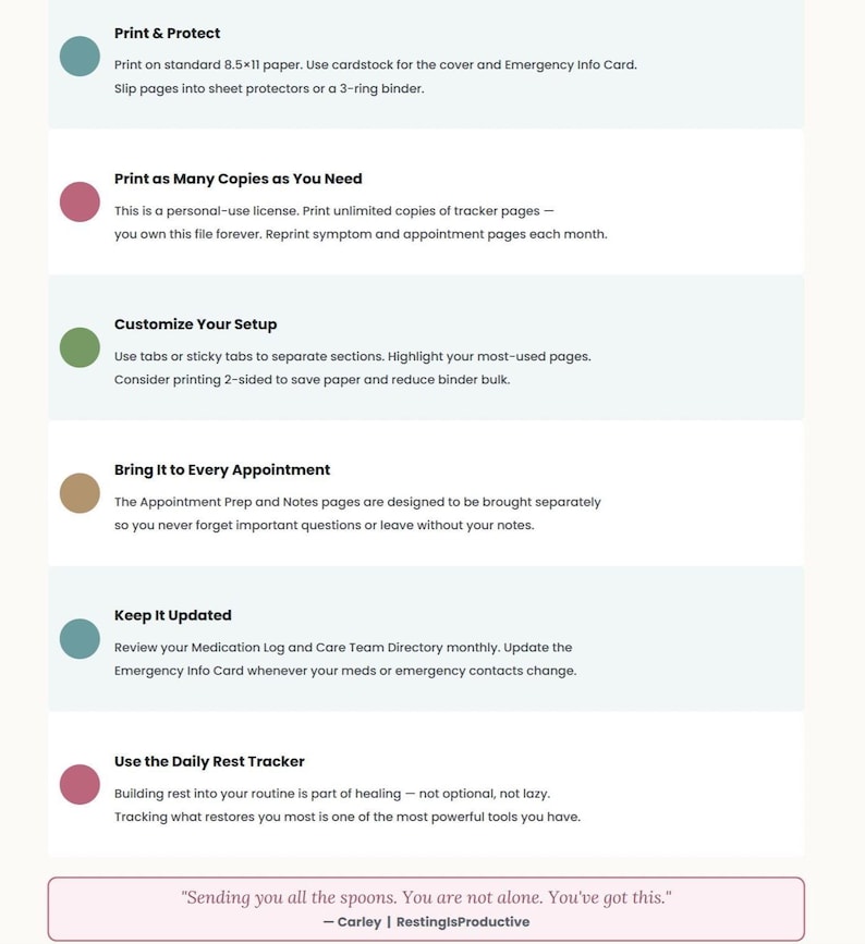 May include: A digital instruction guide featuring six sections with colored circular icons. Text includes Print & Protect, Print as Many Copies as You Need, Customize Your Setup, Bring It to Every Appointment, Keep It Updated, and Use the Daily Rest Tracker.