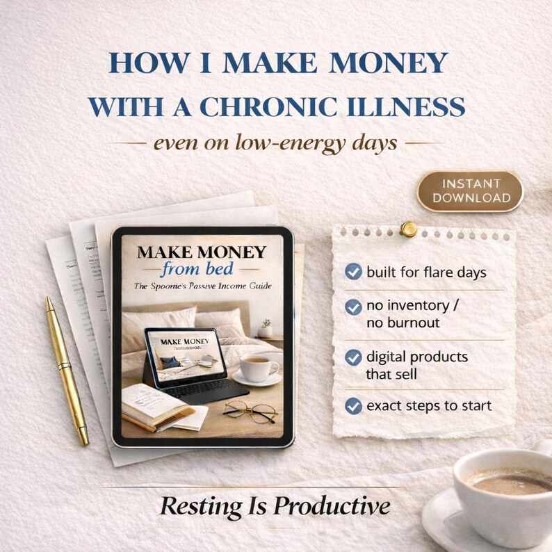 May include: Image promoting passive income. A tablet displays "MAKE MONEY from bed" with a laptop and coffee cup. A notepad lists benefits: "built for flare days," "no inventory," "digital products," and "exact steps." Text reads "HOW I MAKE MONEY with a chronic illness."