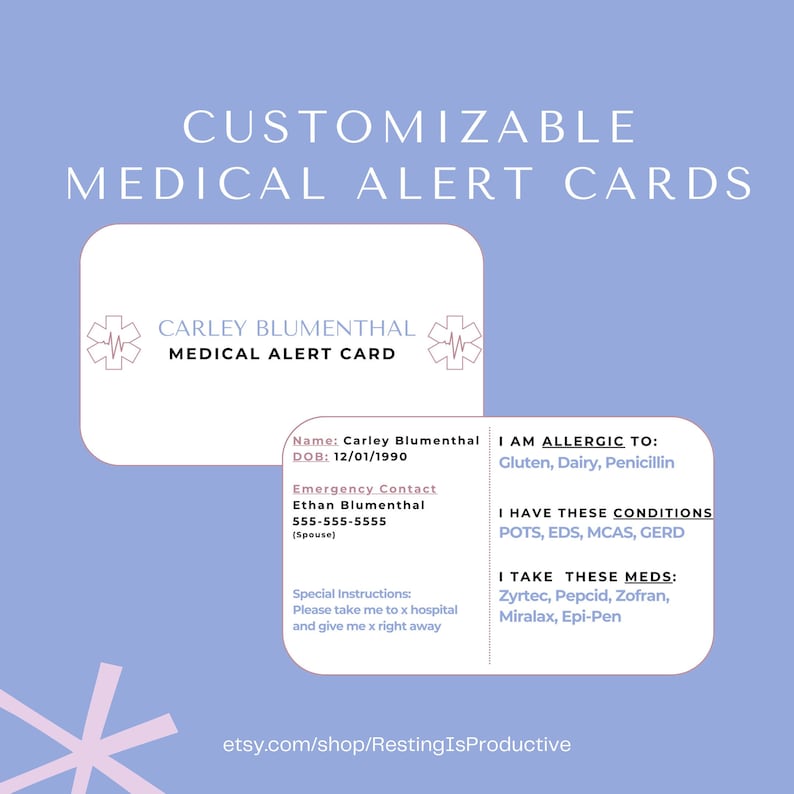 Listing photo for customizable medical alert cards.  Includes, name, allergens, EMS instructions, conditions, medications, emergency contact, DOB.