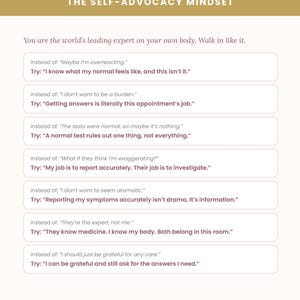 May include: A white informational graphic titled THE SELF-ADVOCACY MINDSET with the subtitle You are the world's leading expert on your own body. Walk in like it. It lists seven pairs of phrases comparing hesitant thoughts with assertive responses.