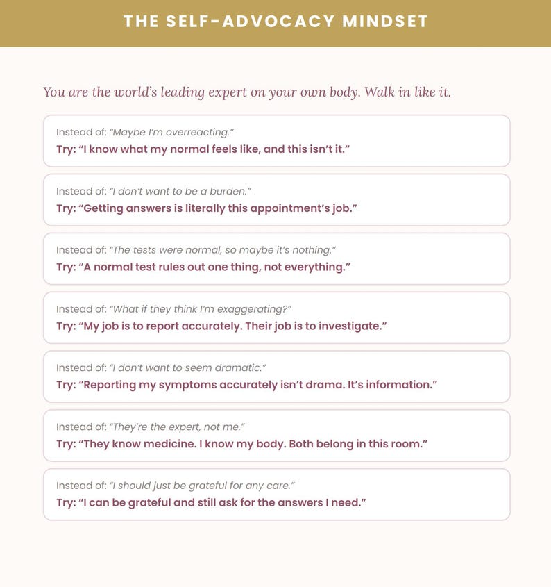 May include: A white informational graphic titled THE SELF-ADVOCACY MINDSET with the subtitle You are the world's leading expert on your own body. Walk in like it. It lists seven pairs of phrases comparing hesitant thoughts with assertive responses.